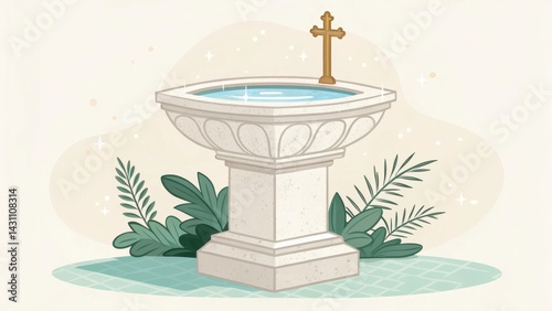 Illustration of a stone baptismal font surrounded by greenery and a cross, set against a soft, light background.