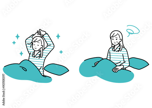起床のイラスト　快眠と不調
