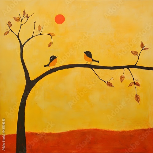 Illustration of the autumn tree and two birds on a branch against a yellow sky background. Naive art