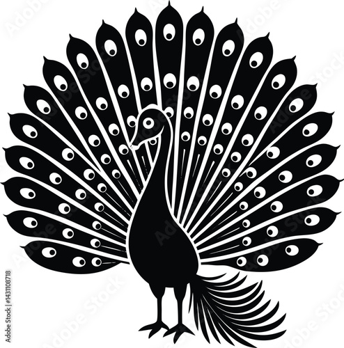 Silhouette of a peacock with fanned tail minimalistic vector style ideal for beauty, luxury or exotic themed designs