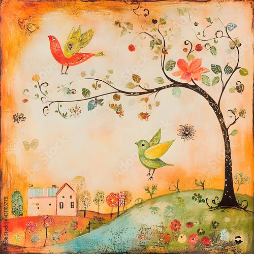 Illustration of autumn background with tree and birds. Naive art. 