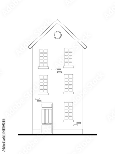 The facade of the house is painted with lines on a white background. Graphic drawing