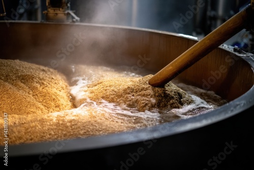 Brewing Process in Action Steam Rises from Mash Tun with Wooden Paddle Stirring Grains and Water Creating a Rich Aromatic Brew for Craft Beer Production