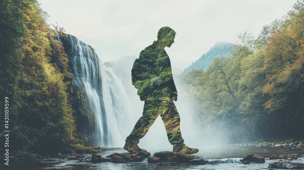 Creative Waterfall Illustration Featuring a Human Figure Walking Through a Vibrant Forest Representing the Force of Nature Generative AI
