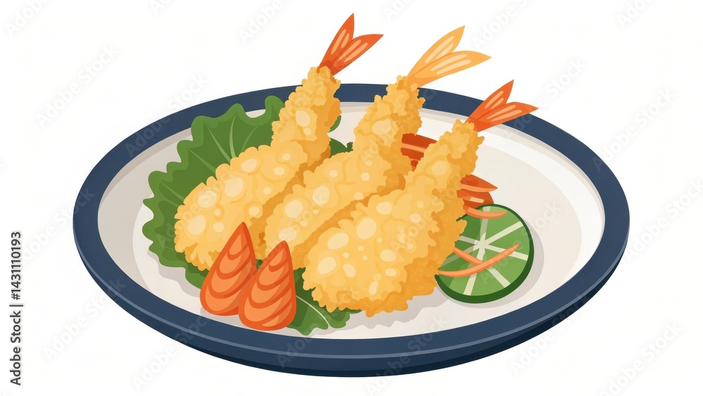 Crispy tempura shrimp served on a plate with fresh vegetables and garnishes, showcasing a delicious seafood dish. Crispy tempura shrimp served on a plate with fresh vegetables and garnishes, showcasing a delicious seafood dish.