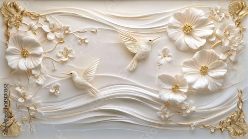 Decorative floral wall mural with hummingbirds, elegant design photo