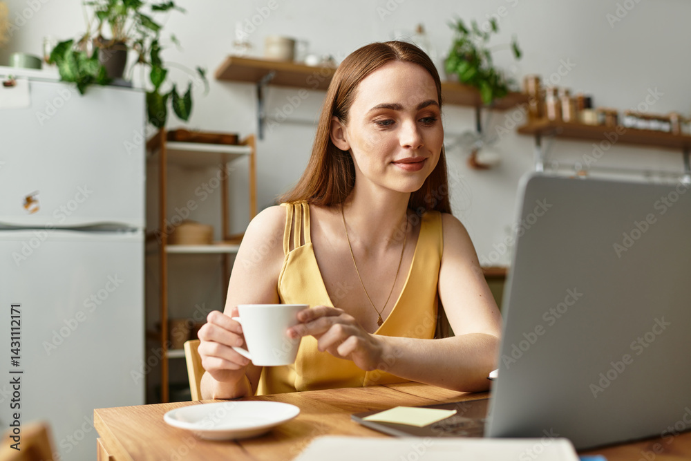 Engaging young woman enjoys coffee while working on laptop in a cozy, modern cafe setting Engaging young woman enjoys coffee while working on laptop in a cozy, modern cafe setting