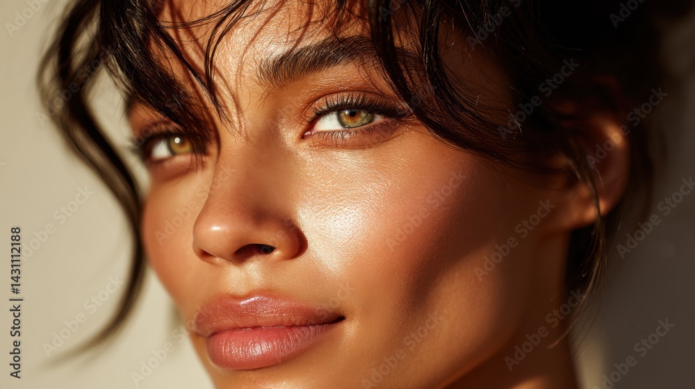 Natural beauty shines through soft lighting in a close-up portrait of a young woman with striking features Natural beauty shines through soft lighting in a close-up portrait of a young woman with striking features