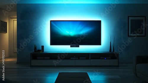 Ultra-modern flat-screen LED TV mounted on a minimalist living room wall, displaying a vibrant 4K image, sleek interior design, photorealistic rendering, moody ambient light