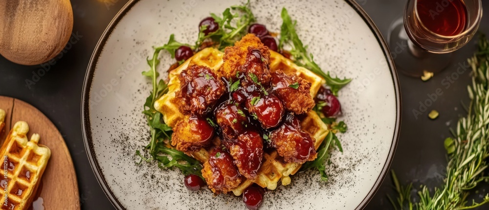 Top view of chicken and waffles with arugula and cherries on a plate with a dark background creating a culinary delight showcasing gourmet food photography Top view of chicken and waffles with arugula and cherries on a plate with a dark background creating a culinary delight showcasing gourmet food photography