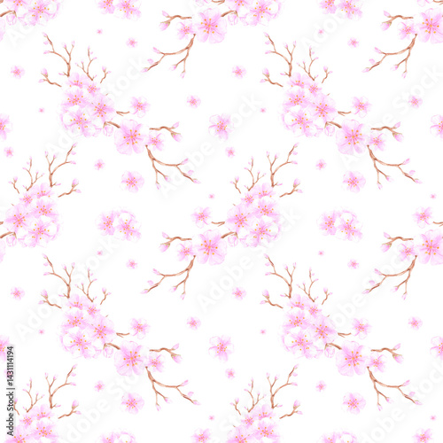 Hand drawn watercolor cherry blossom bouquet seamless pattern isolated on white background. Can be used for textile, fabric, scrapbook and other printed products.
