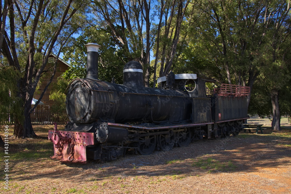 Naklejka premium Old steam engine in Pemberton Heritage Park in Pemberton, Western Australia, Australia 