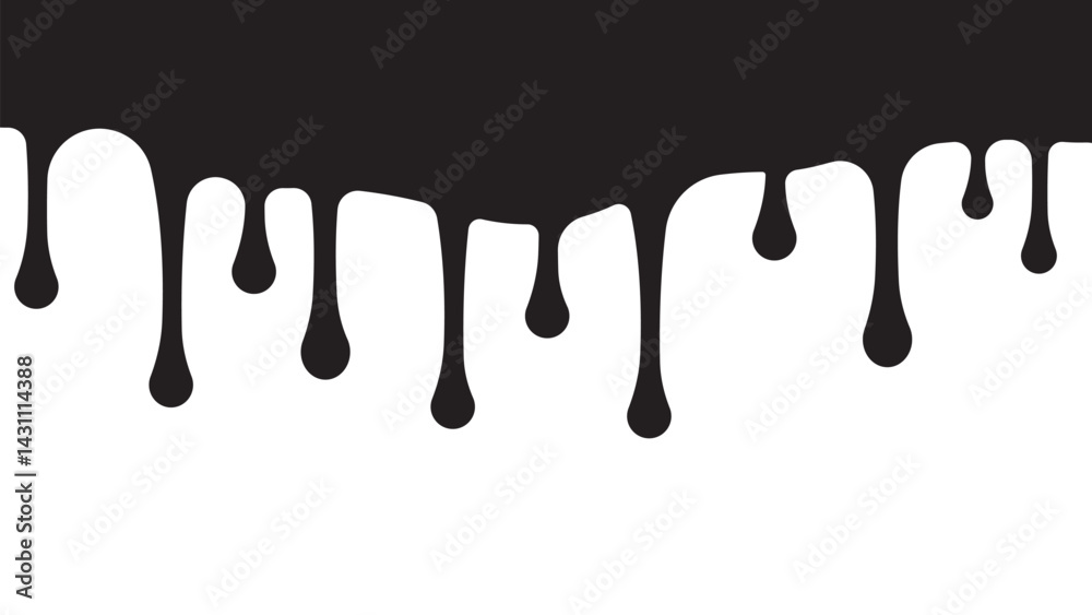 Abstract black paint drips on white background forming artistic flow with irregular shapes and dynamic motion