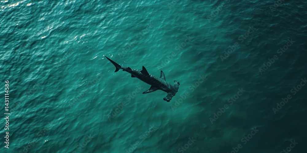 Naklejka premium A powerful hammerhead shark swimming just below the ocean surface, its unique head shape visible from above