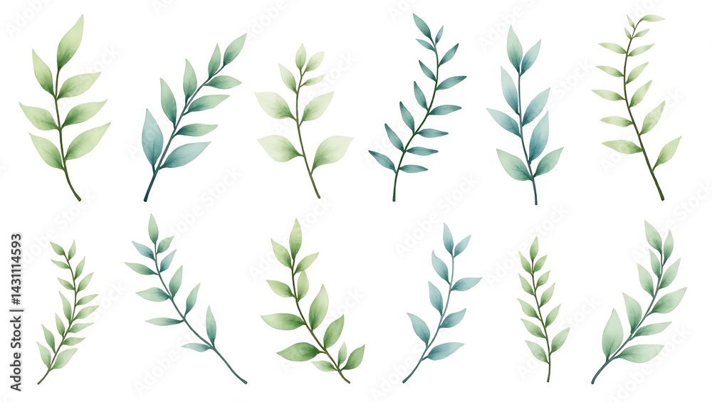 Watercolor Green Leaf Branches Collection Botanical Illustration Set Soft Hues Elegant Design Watercolor Green Leaf Branches Collection Botanical Illustration Set Soft Hues Elegant Design