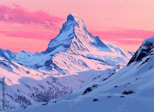 Matterhorn at Sunset in Zermatt, Switzerland. Iconic Snow-Covered Alpine Peak with Pink Sky and Majestic Mountain Landscape, Breathtaking Scenic View of the Swiss Alps