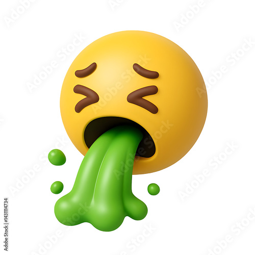 
3D cartoon sick emoji vomiting green fluid, PNG icon on transparency background for nausea, food poisoning, or disgust reactions
