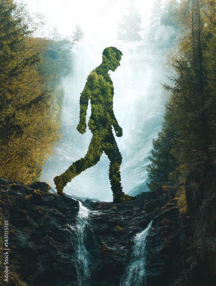 Flowing Through Nature With a Human Figure Formed by a Vibrant Waterfall and Lush Forest Generative AI