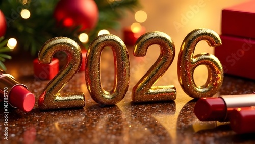 Golden numbers 2026 on a New Year's background and red lipstick