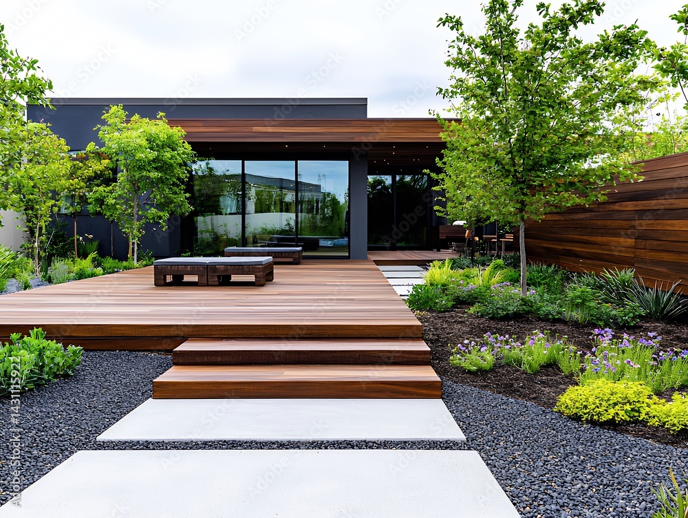 Fototapeta premium Modern Home Exterior with Wooden Deck and Landscaped Garden