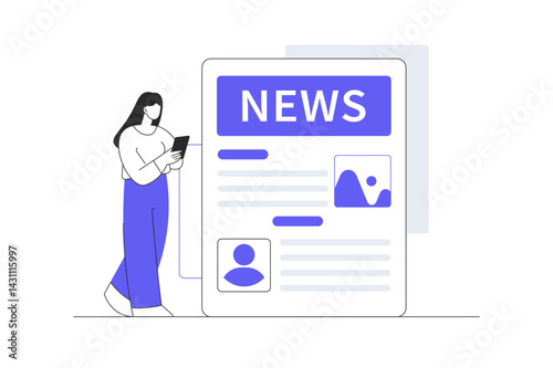 Fake News Landing Page Template. News page concept with Woman Character reading using mobile gadget. Flat Cartoon Vector Illustration, icon. Stylish abstract design landing page