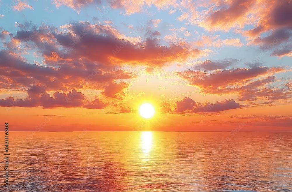 Fototapeta premium Ocean Sunset Reflecting Light, Clouds with Sunlight Sky, Tranquil Golden Horizon