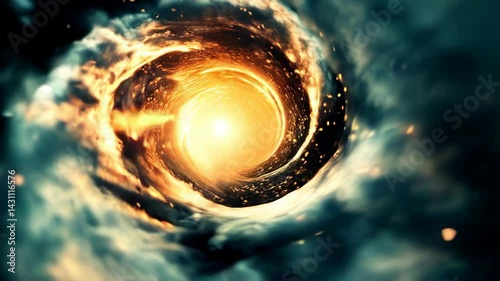 A swirling cosmic vortex illuminated by bright orange light and particles, creating a sense of depth and motion in a stellar environment.