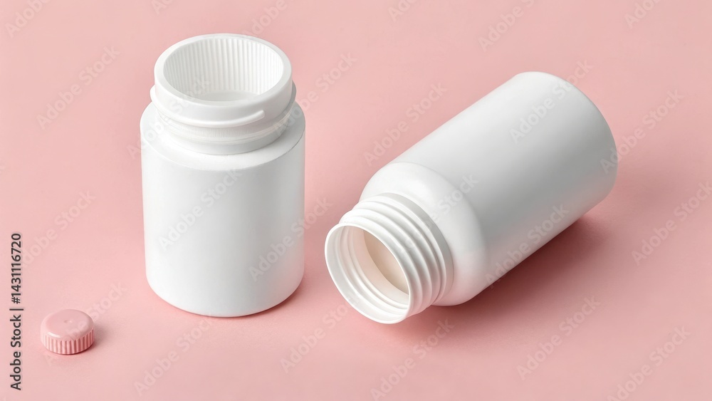 Two white plastic containers with screw caps on a pink background, one slightly tilted, showcasing their openings. Two white plastic containers with screw caps on a pink background, one slightly tilted, showcasing their openings.