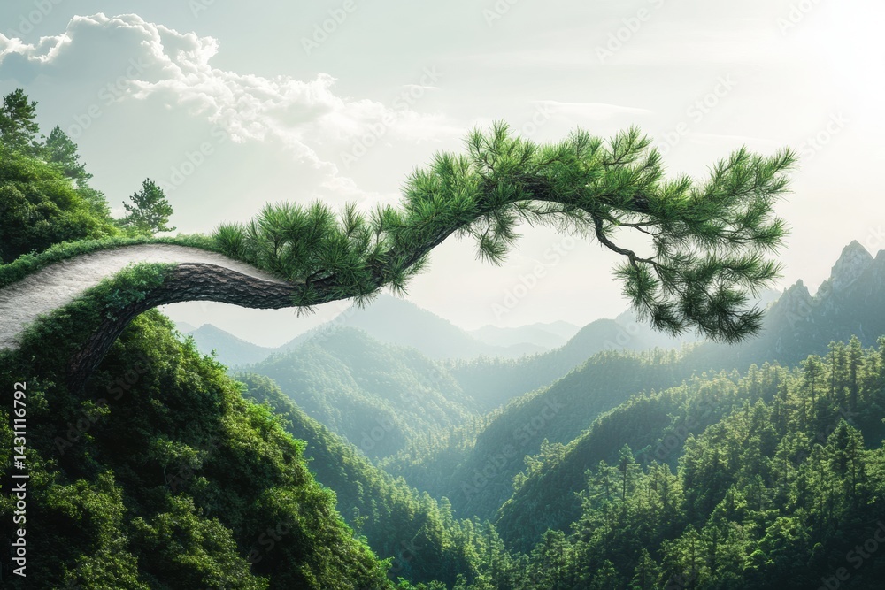 Winding Road Mimicking a Pine Branch Through Lush Mountainous Landscape at Dawn Generative AI