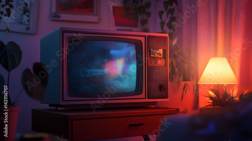 A retro 4:3 television set playing a grainy VHS movie, nostalgic 90s aesthetic, warm lighting, soft focus edges