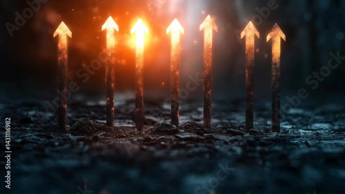 The image features glowing arrows pointing upward, set against a dark, smoky background, symbolizing progress or growth.