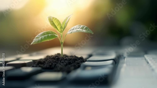 A small green plant with fresh leaves grows from a patch of soil on a keyboard, illuminated by soft sunlight in the background.