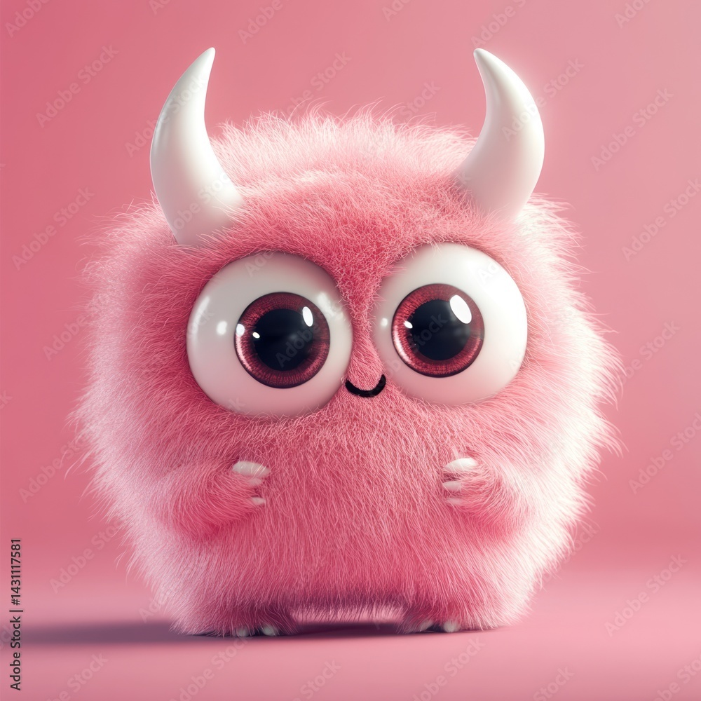 Fototapeta premium Adorable pink fluffy monster with large eyes.