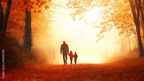 A serene family stroll through an autumn forest, surrounded by vibrant orange foliage and soft morning mist.