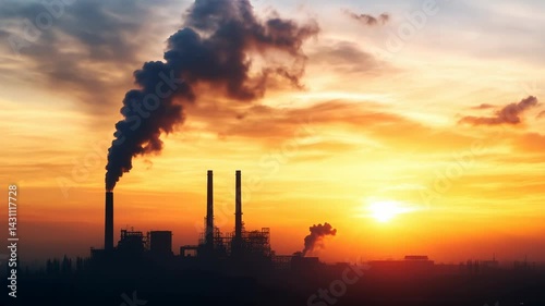 A silhouetted industrial scene featuring smokestacks emitting dark smoke against a vibrant sunset backdrop.