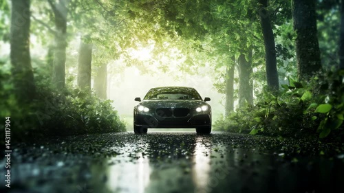 A sleek black car positioned on a misty forest path, surrounded by lush greenery and illuminated by soft, natural light filtering through the trees.