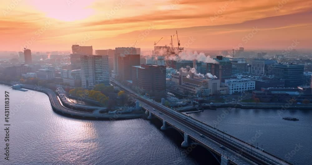 Rising above the waterscape of the Charles River near Harvard Bridge. Panorama of Boston, Massachusetts, USA at the backdrop of orange sky at sunset. Aerial view. Rising above the waterscape of the Charles River near Harvard Bridge. Panorama of Boston, Massachusetts, USA at the backdrop of orange sky at sunset. Aerial view.