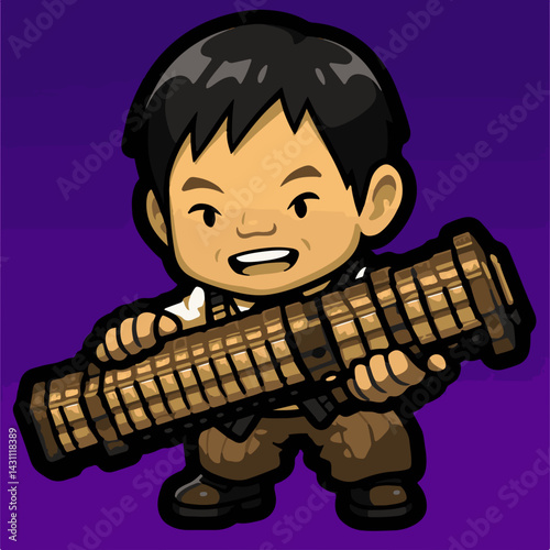 Young Asian man cheerful confident carrying Enigma machine against purple background
