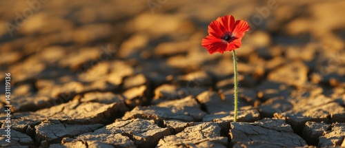 Vibrant red poppy blooming in cracked dry earth resilience and hope in arid landscape symbol of life and beauty against drought global warming concept