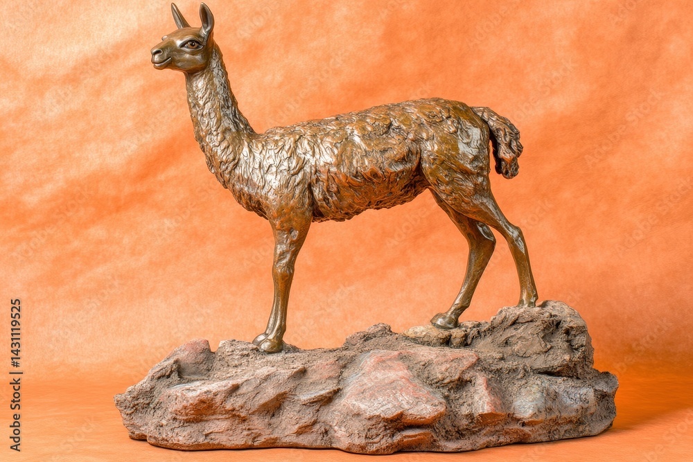 Fototapeta premium Detailed bronze sculpture of a llama on a rocky outcrop.