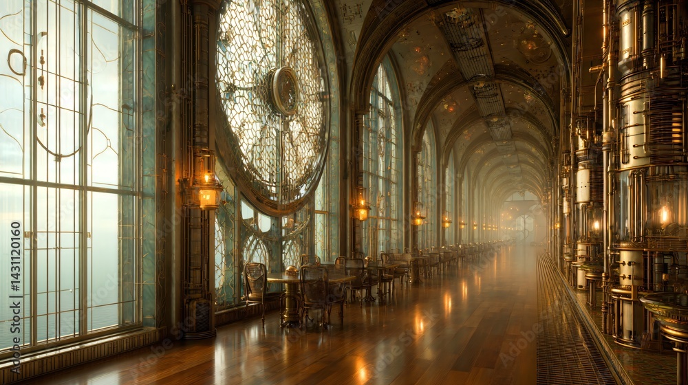steampunk interior with big panorama window, cyberpunk club, fantasy retro bar,