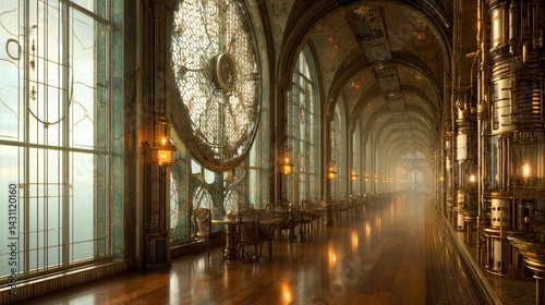 Obraz na płótnie steampunk interior with big panorama window, cyberpunk club, fantasy retro bar, w salonie