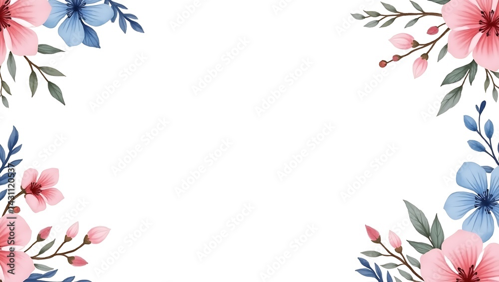 Fototapeta premium Elegant floral frame pink blue flowers soft watercolor design perfect for invitations or cards