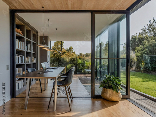 Home office with aluminum frame sliding doors providing natural light and access to a terrace.