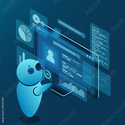 Isometric seo analysis. Search engine optimization analysis concept. Digital technology website. Isometric technology