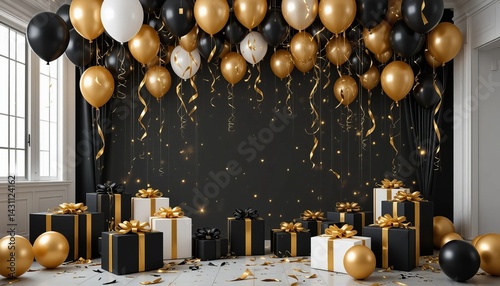 Festive room decorated with black and gold balloons presents and streamers for a special occasion