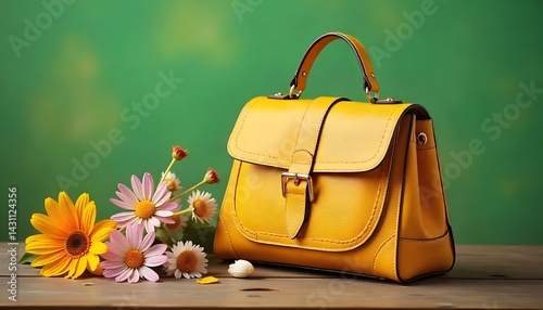 A woven leather Loewe handbag sits on a wooden table, overflowing with wildflowers