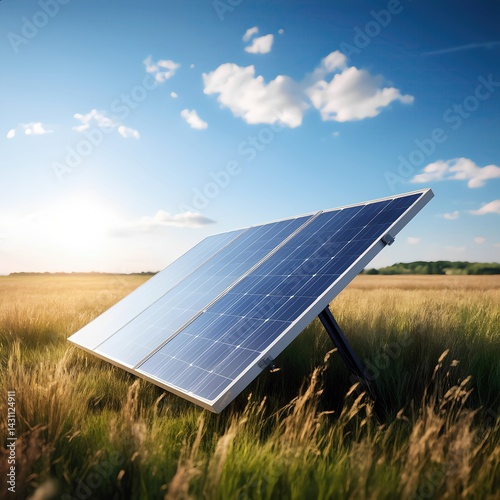 Únales solares inclinados apuntando al sol, en medio de un campo en un día con cielo azul despejado, formato cuadrado, energía renovable, electricidad