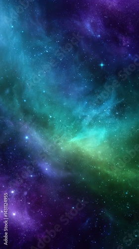 Captivating cosmic vista of a nebula with vibrant hues of teal green and deep purple creating an ethereal galaxy background for space exploration photo