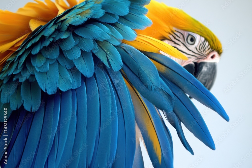 Bright Blue and Yellow Macaw Displays Vibrant Wing Feathers Under Soft Studio Lighting Generative AI